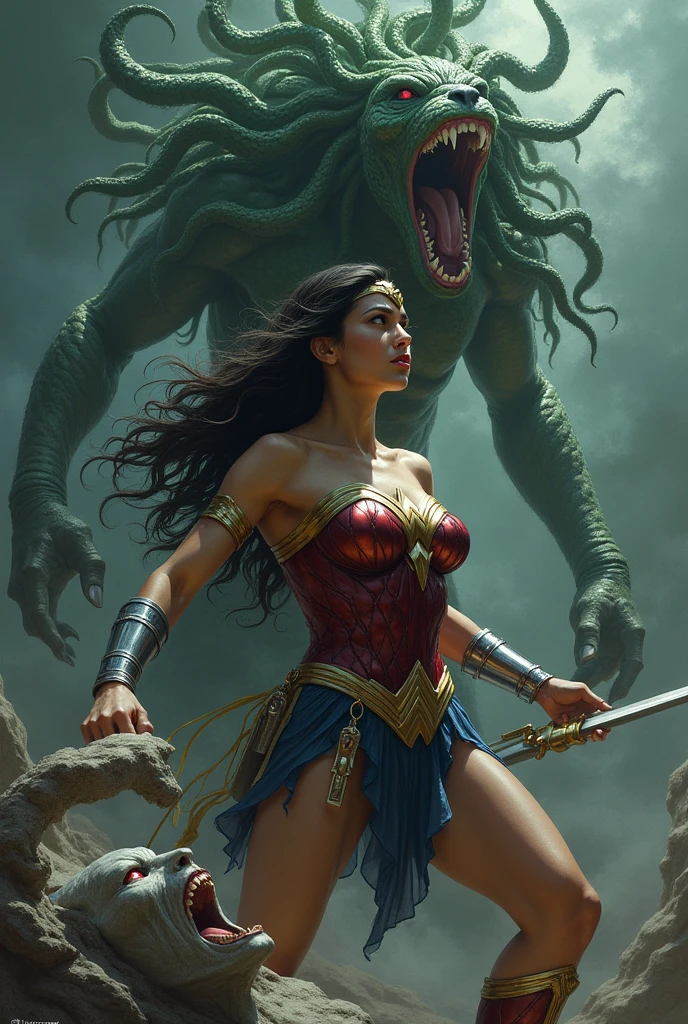 Wonder Woman ripping off Medusa's head in the background Catwoman turned to stone