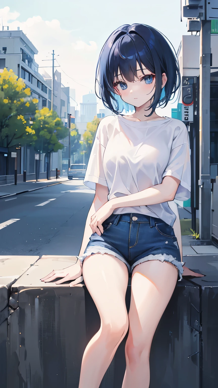 8k,master piece,detailed,high resolution,1 Girl, Wearing a plain white shirt, Denim shorts, Super sharp, 8k, city, High resolution, Short blue hair inside、Black hair on the outside, Absurd, Watching the audience