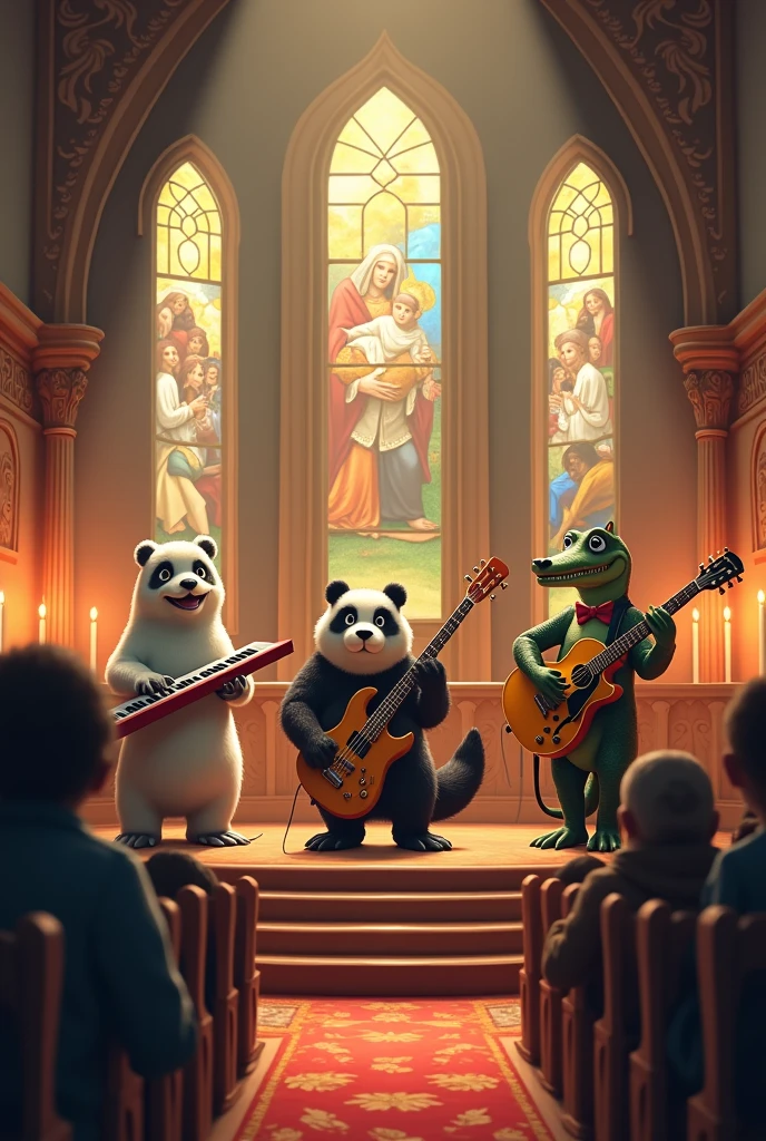 Start a band where a cute seal plays the keyboard, the bass player is a panda bear, the guotarrista is a cute alligator. The band performs on a church stage.