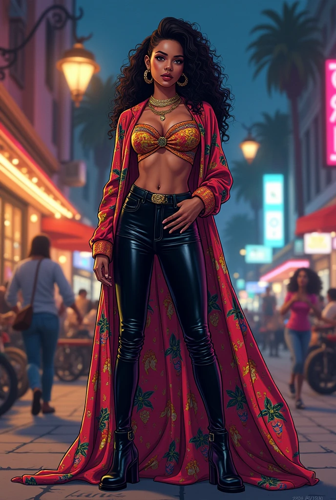 (obra de arte),(melhor qualidade), ilustração, (fantasia:1.4), A woman in a reggaeton-inspired outfit: a fitted crop top with bold patterns, high-waisted leather pants, and heeled ankle boots. She accessorizes with chunky gold jewelry, including a statement necklace and hoop earrings. Her pose is confident and sensual, with one hand on her hip and a slight, playful smile. The background features a vibrant urban scene with neon lights, graffiti, and a lively cityscape at night, adding to the energetic and edgy atmosphere. Super Detalhe, preciso, melhor qualidade, Ultra HD, Pele texturizada, vestido longo,