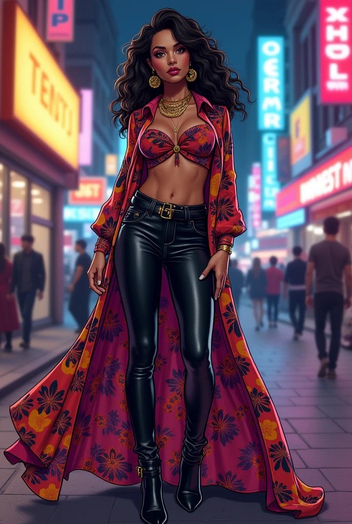 (obra de arte),(melhor qualidade), ilustração, (fantasia:1.4), A young woman in a reggaeton-inspired outfit: a fitted crop top with bold patterns, high-waisted leather pants, and heeled ankle boots. She accessorizes with chunky gold jewelry, including a statement necklace and hoop earrings. Her pose is confident and sensual, with one hand on her hip and a slight, playful smile. The background features a vibrant urban scene with neon lights, graffiti, and a lively cityscape at night, adding to the energetic and edgy atmosphere. Super Detalhe, preciso, melhor qualidade, Ultra HD, Pele texturizada, vestido longo, close-up