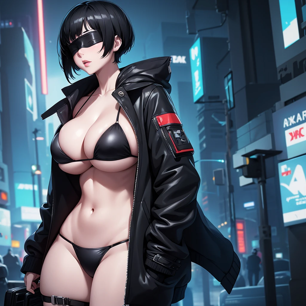 Girl with short black hair, huge breasts, blindfolded, white skin and thick lips, cyberpunk style, black bikini and jacket