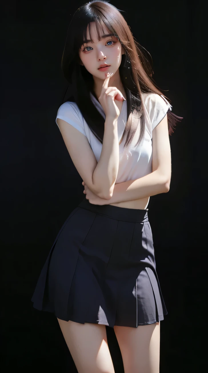 Best quality, masterpiece, ultra high res, (photorealistic:1.4), raw photo,(slender legs)(beautiful hands)(perfect body shape),dynamic pose,1girl,solo, school uniform, in the dark, deep shadow, low key, cold light 12000K 
