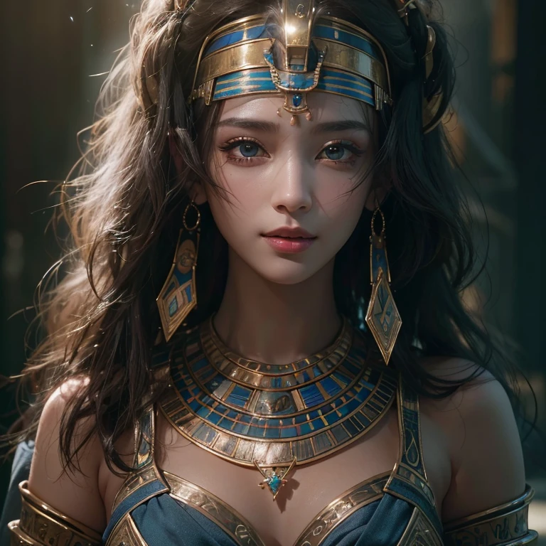Pyramid on background、blue sky、Blowing hair 、 ((Highest quality、masterpiece、8k、Best image quality、Ultra-high resolution、Award-winning works)、(Accurate anatomy:1.1)、(Look at me and smile:1.0)、Shining fair skin with Ultra-high resolution、The most detailed face、Ultra-high resolution detailed face、Ultra-high resolutionの髪の毛、(Ultra-high resolution eye:1.1)、Beautiful face drawn in every detail、Ancient Egyptian costumes, Chest to chest, Dark atmosphere,Dark Light, Ancient Egyptian makeup,