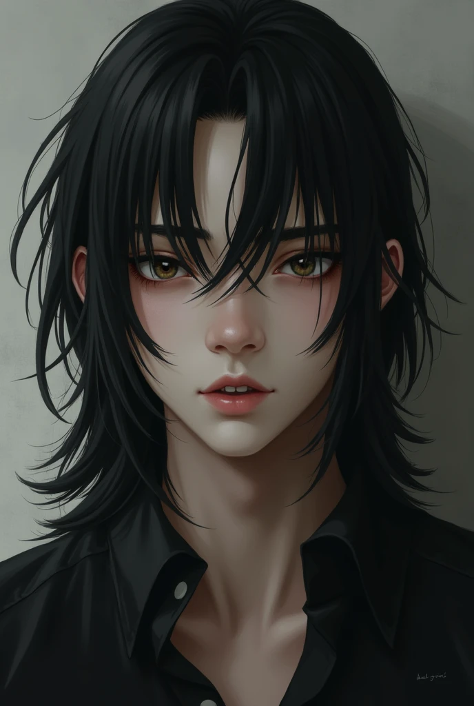 18 year old male, long straight hair, eyes both slanted, thin lips, protruding canines, arched eyebrow