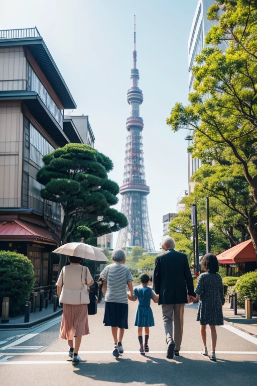 Old people and children walking in front of Tokyo Tower