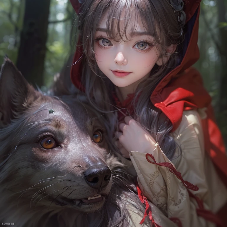 Standing in the forest、Hair Flow、 ((Highest quality、masterpiece、8k、Best image quality、Ultra-high resolution、Award-winning works)、(Accurate anatomy:1.1)、(Look at me and smile:1.1)、Shining fair skin with Ultra-high resolution、The most detailed face、Ultra-high resolution detailed face、Ultra-high resolutionの髪の毛、(Ultra-high resolution eye:1.1)、Beautiful face drawn in every detail、little red riding hood Costume , Chest to chest, Strange atmosphere, A real werewolf stares at her......, Dark Light, in the forest , Heavy makeup