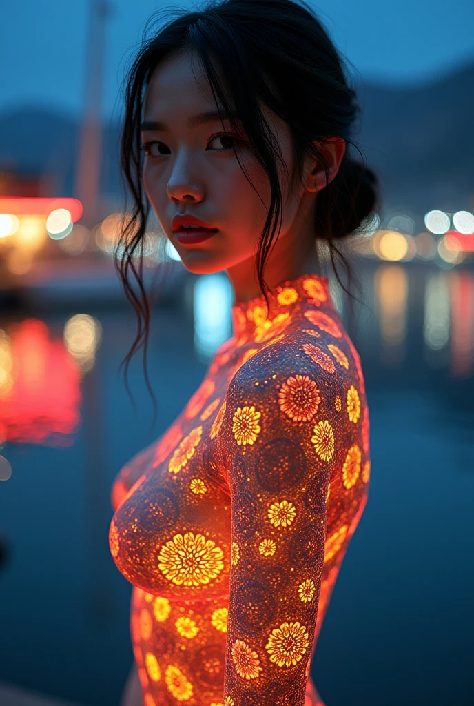 (masterpiece, Highest quality), 8k,(((Very detailed))), Race:1.8,Super intricate Race pattern,colorful Race pattern,Stained glass transparent body, Mandala,light up,cold, 1 female,Open Back, 18 years old、Photo of Lee Jae, tumbler, shin hanga, sultry body with セクシー belly, Sexy girl, Young sensual elegance, Sexy body, delicious, Sexy look, Very Short Hair、Night viewのきれいな港で撮影、Night view、 Intelligent face、Narrow waist、Large Breasts、drool coming out of the mouth、Smile a little、EOS 50mm F2, Blur the background、Photographed from the front、Lighting the face、