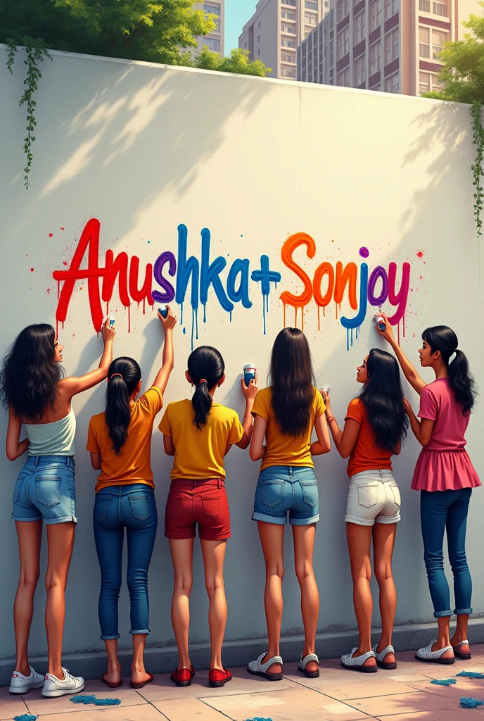 Five women are writing the name Anushka+Sonjoy on the wall with paint on the days