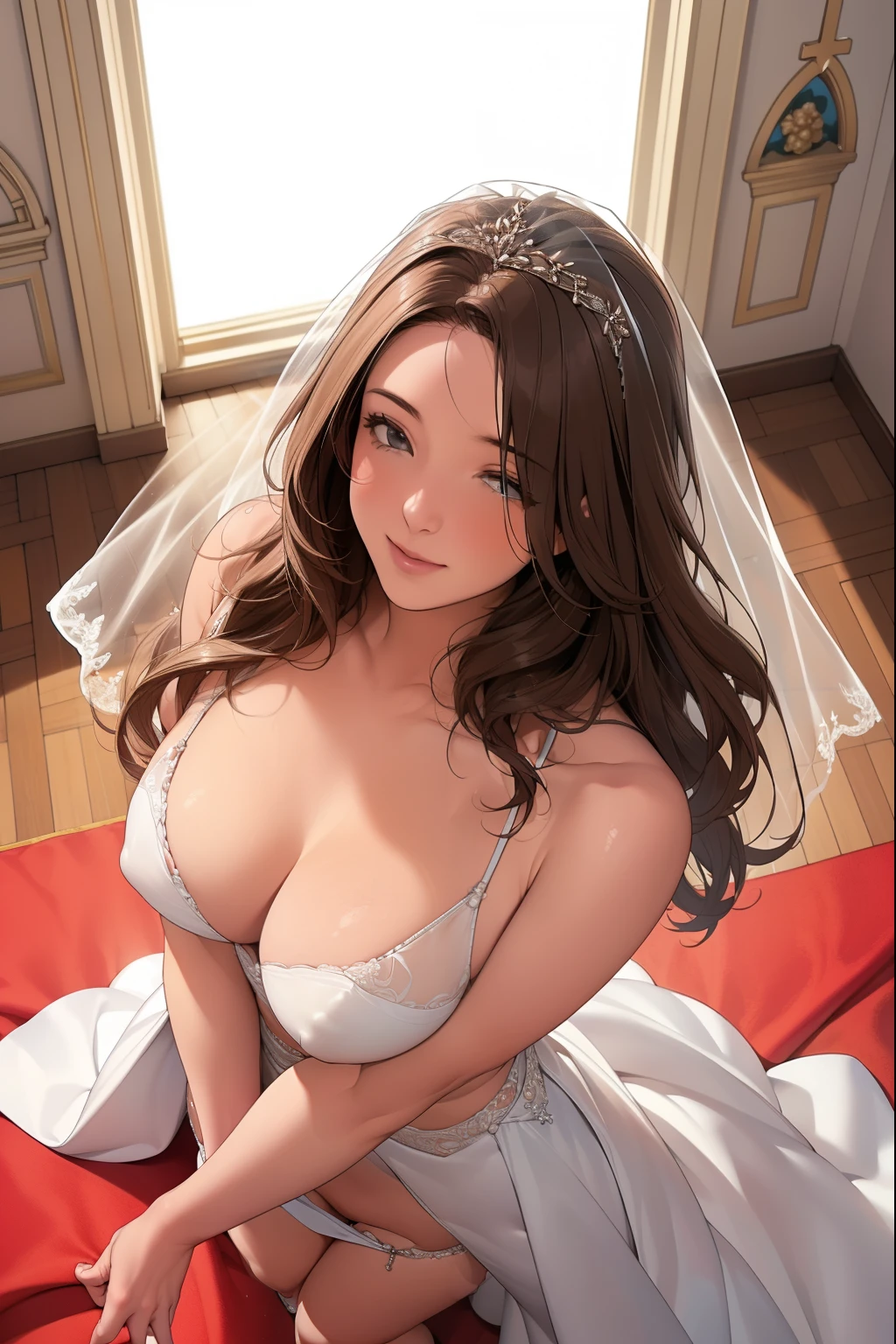 (highest quality, table top:1.2), (realistic:1.3),, (Very Detailed Background, detailed background), bokeh,, , gorgeous prom dresses, Luxury Prom Dresses, Wedding dress, bridal veil, Bridal Gauntlet, bridal cascade bouquet,, Upper body,, wedding in church,, , ((1 girl, alone)), cute, age, (Beckoning Pose), open your mouth and laugh, dynamic angle, dynamic pose,, , very long hair,, looking up at the audience, ((From above:1.5)), (big round breasts:1.2), Tight round buttocks and small crotch, nice leg line:1.3, thick thighs, slim your waist, seen from behind