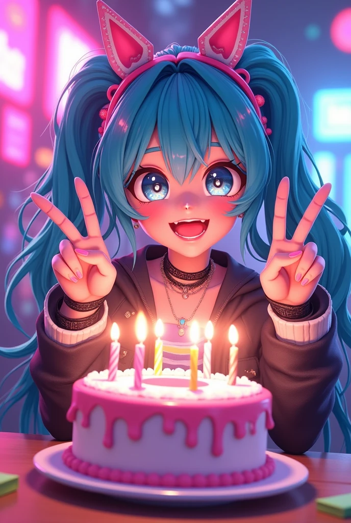 VTuber Cyber Girl Siro Smile Double Peace Scene Happy Birthday Whole Cake 7 Candles