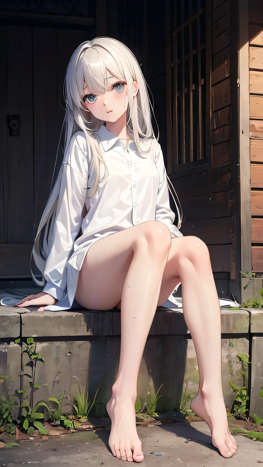 Highest quality, Dim Alley, Ultra-high resolution,People Girls, alone, sexy, (Expressionless), (White eyes,Detailed beautiful eyes), Beautiful face in every detail,(High resolution detail of human skin texture), (White messy long hair),(Sweat:1.1),(masterpiece:1.3),(Realistic:1.2),(Open your mouth:1.1),Dirty long sleeve shirt,barefoot,Gauze on the feet,Sitting with legs crossed