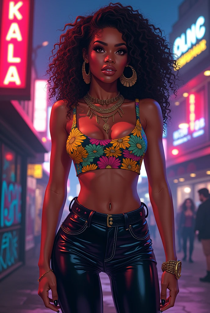 (obra de arte),(melhor qualidade), ilustração, (fantasia:1.4), A woman in a reggaeton-inspired outfit: a fitted crop top with bold patterns, high-waisted leather pants, and heeled ankle boots. She accessorizes with chunky gold jewelry, including a statement necklace and hoop earrings. Her pose is confident and sensual, with one hand on her hip and a slight, playful smile. The background features a vibrant urban scene with neon lights, graffiti, and a lively cityscape at night, adding to the energetic and edgy atmosphere. Super Detalhe, preciso, melhor qualidade, Ultra HD, Pele texturizada, close-up