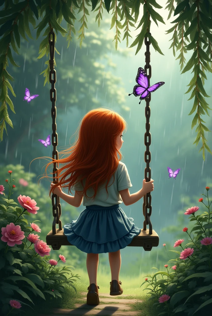 A redhead girl, sitting on a swing backwards in the rain in a garden, and purple butterflies flying around it, that it looks realistic and not animated that the girl is with her back turned so that her face is not visible 