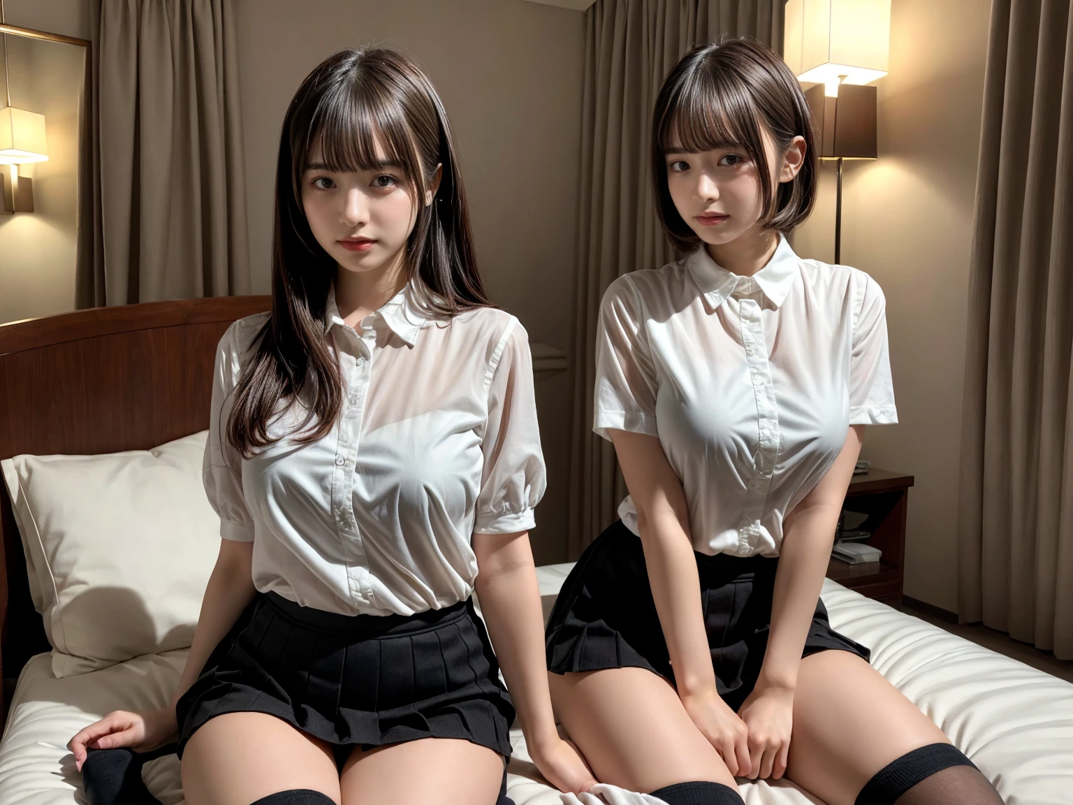 masterpiece, best quality, illustration, Super detailed, fine details, High resolution, 8K,wall paper, perfect dynamic composition,(Details High quality, realistic depiction of eyes:1.3), (3 girls), (collared shirt:1.1), pleated skirt, knee high socks, sitting, open legs, short bob hair, in a hotel room in the background, deep on field, large breasts, black hair color, Big Natural Color Lip, (perfect body shape), crying a little、Harajuku style、20 year old girl、cute type、beautiful legs, Gravure Idol