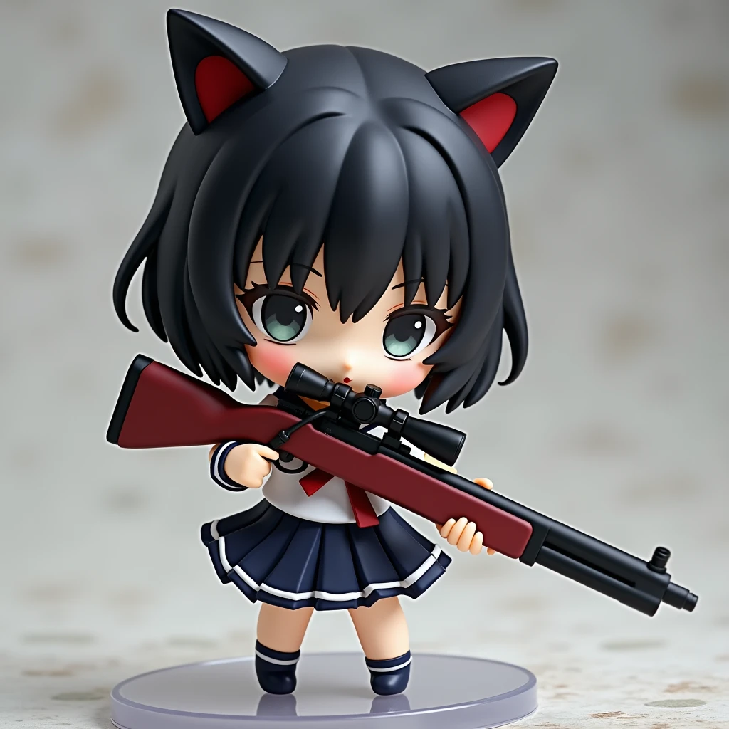 Chibi-chara ta girl wearing a sailor uniform with cat ears holding a sniper rifle
More mysterious, doll-like, a bit more Japanese-style, more doll-like, not cute, more cute, cute taste is fine, but a cuter face, so it doesn't look like an anime, doll, Japanese-style doll, not like an anime, Nendoroid, black hair, bob cut, Nendoroid, smile a bit more
