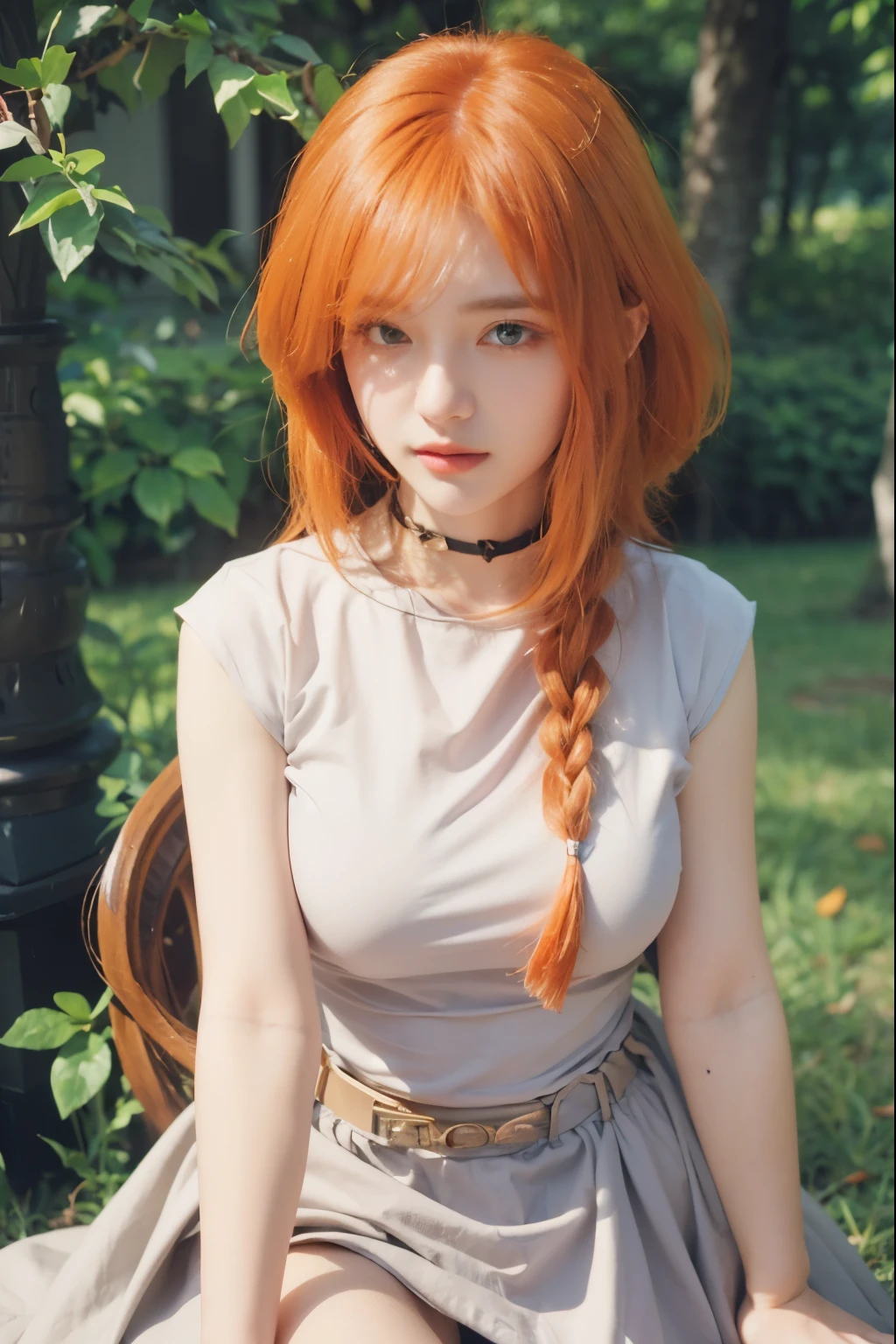 Flamme, famale, caracter of frieren anime, green eyes, orange hair, white clothes, detailed face, detailed hair, detailed eyes, detailed hand, ultra realistic, ultra detailed, best quality, masterpiece.