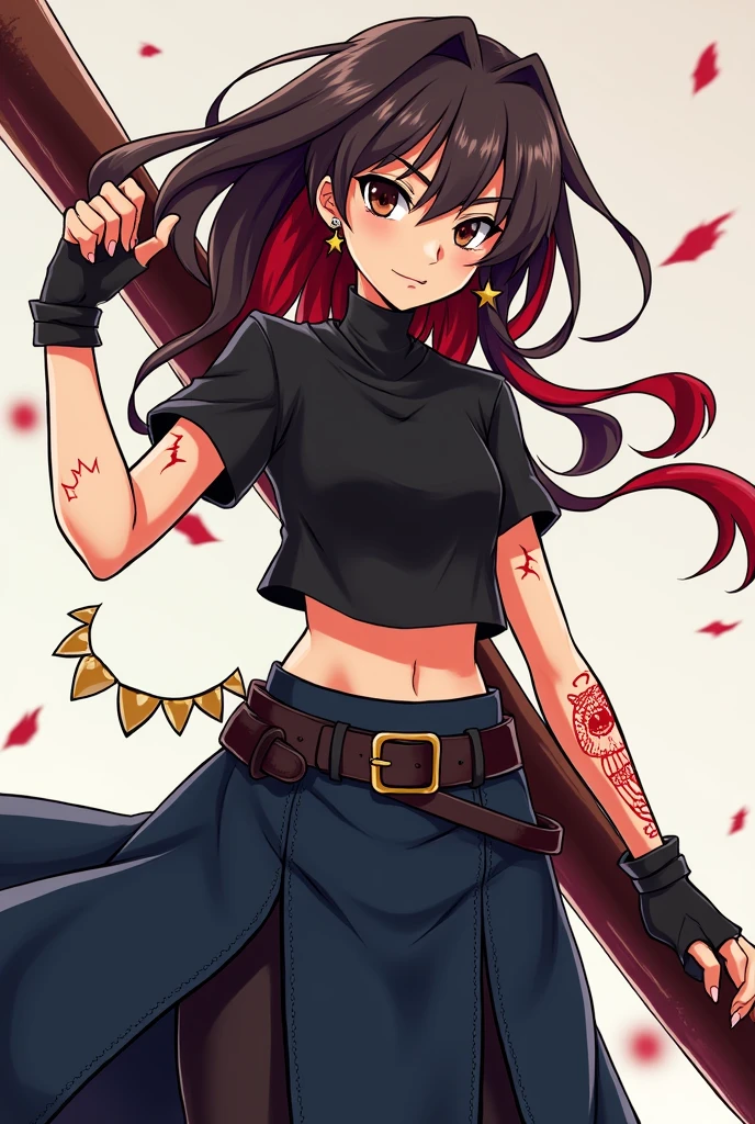 -Anime style Nanatsu no Taizai -Girl with light skin, dark brown hair with red, dark eyes, high - Clothing: Black cropped t-shirt, dark blue long skirt, black boots,
- Accessories: star earrings, black bracelets on both arms, belt - He has scars on his arms - He has a tattoo on his right hand of an owl, Red color - Weapon: Lanza