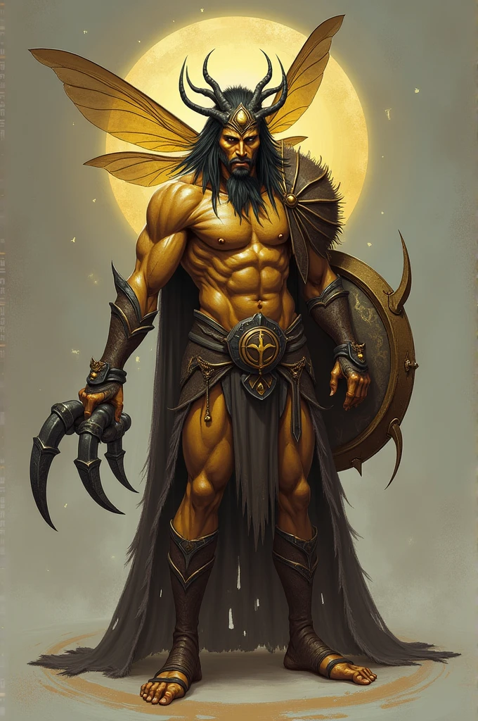 Crie Mulzencab, God of the bees, his body is humanoid between a bee and a human being, his face is totally human., on his right arm he has a large claw which is his stinger.