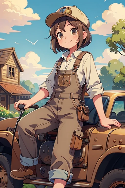 (Highest quality:1.2)，steampunk，One ，Light brown short bob，smile，Engineer Cap，Beige shirt，Denim overalls，Driving a motor vehicle，The background is a quiet rural village with blue skies and white clouds.，