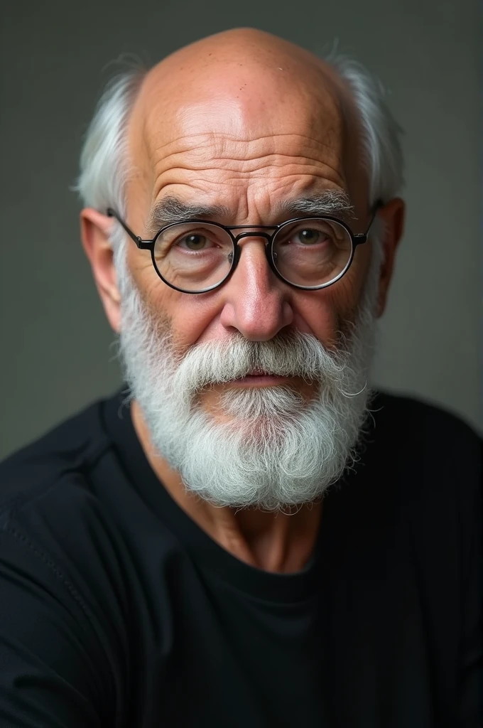 Caucasian man with white beard , baldie , glasses round aquiline nose thin lips , black tee 