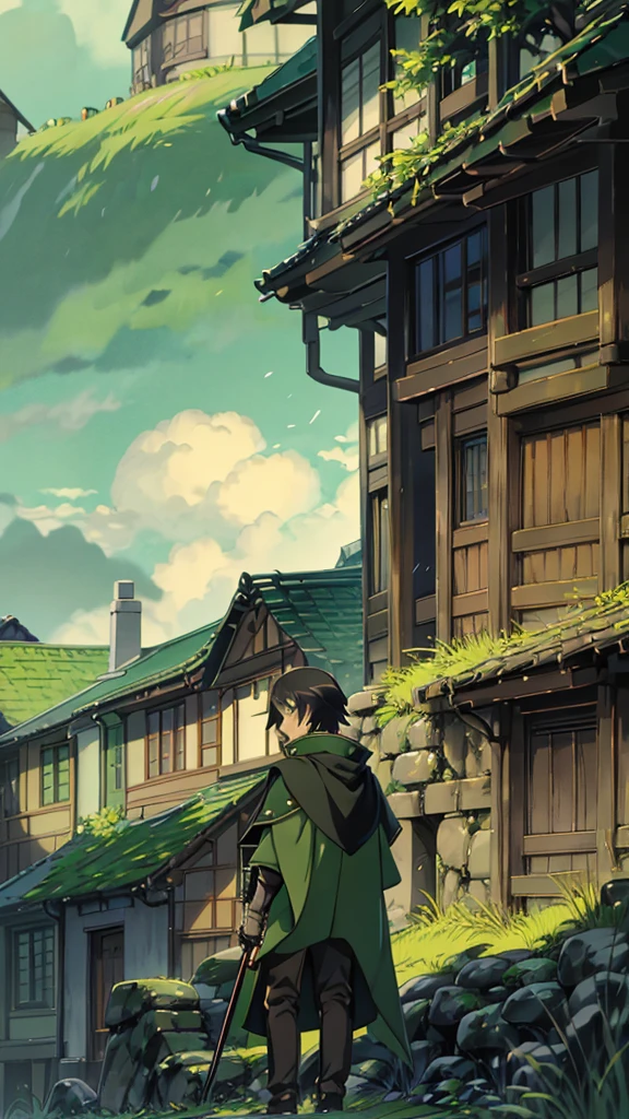 yuichiro hyakuya, (WithoutFear:1), 1 boy, black hair, green eyes, brown coat, gray armor, green shield, green cloak, dark brown gloves, town, white fur trim, tall, anime, standing, good quality, portrait, looking at viewer