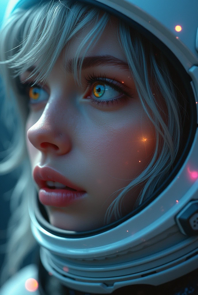 (Close-up of a better masterpiece:1.5)0.9], (Space and astronauts:1.2) (Messy silver hair:1.1) (Heterochromia xanthochromia and blue eyes:1.2) (Space Helmet:1.0) (Colored stars in the eyes:1.0) (A radiant glow:1.1) (thick lips:0.9)