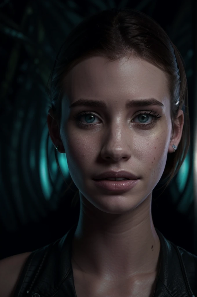a beautiful young woman with Emma Roberts' face, alien parasite attached to her face, realistic, obscure, 1979 Alien movie style, dark alien jungle background, ultra-detailed, 8k, photorealistic, dramatic lighting, highly detailed face and eyes, cinematic, terrifying, sci-fi horror