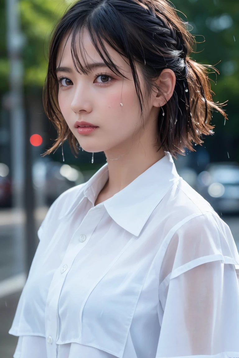((Highest quality, 8k, masterpiece: 1.3)), sharp: 1.2, Perfect Body Beauty: 1.4, Slim Abs: 1.2, ((Layered Hairstyles,: 1.2)), (Wet White Button Long Shirt: 1.1), (rain, street: 1.2), Wet: 1.5, Highly detailed face and skin texture, Detailed eyes, double eyelid, Profile looking at the camera