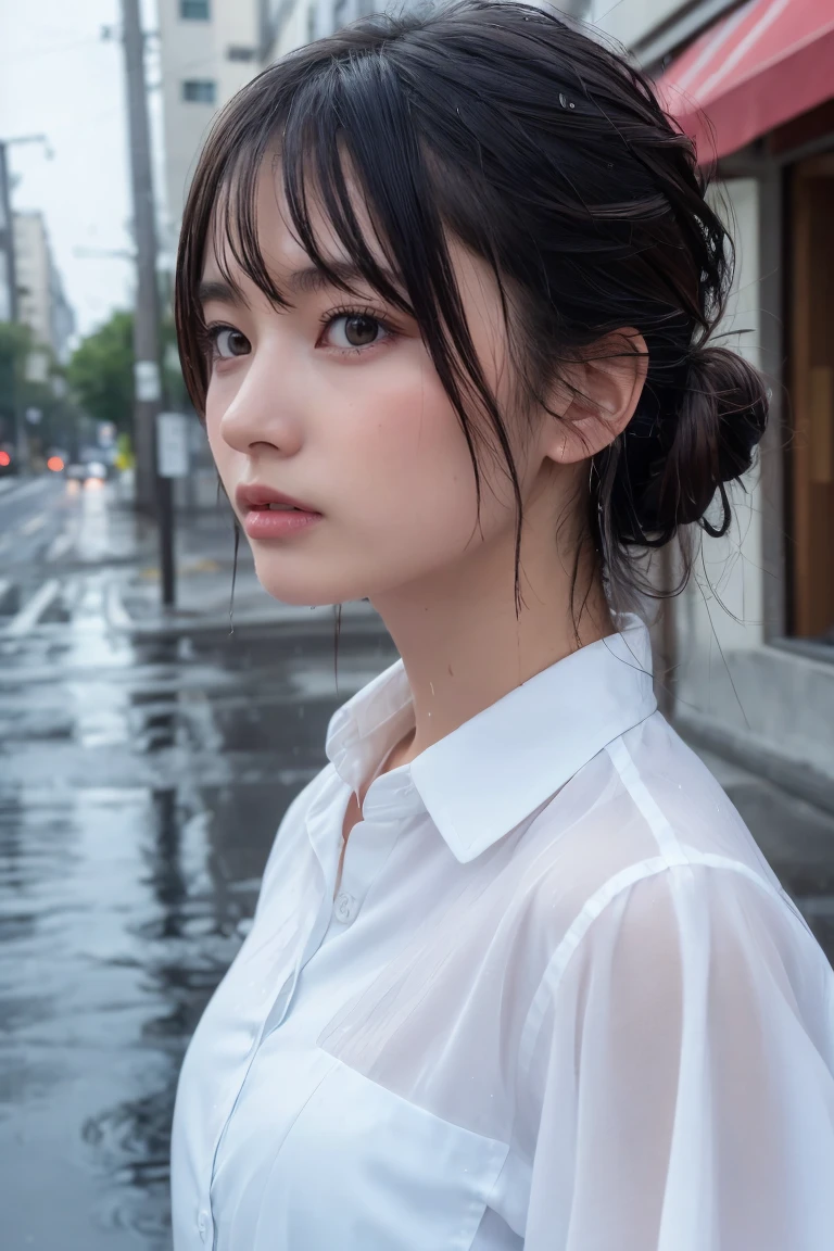 ((Highest quality, 8k, masterpiece: 1.3)), sharp: 1.2, Perfect Body Beauty: 1.4, Slim Abs: 1.2, ((Layered Hairstyles,: 1.2)), (Wet White Button Long Shirt: 1.1), (rain, street: 1.2), Wet: 1.5, Highly detailed face and skin texture, Detailed eyes, double eyelid, Profile looking at the camera