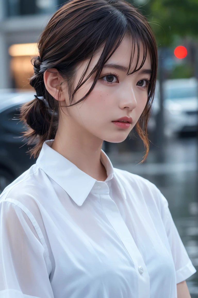 ((Highest quality, 8k, masterpiece: 1.3)), sharp: 1.2, Perfect Body Beauty: 1.4, Slim Abs: 1.2, ((Layered Hairstyles,: 1.2)), (Wet White on Long Shirt: 1.1), (rain, street: 1.2), Wet: 1.5, Highly detailed face and skin texture, Detailed eyes, double eyelid, Profile looking at the camera