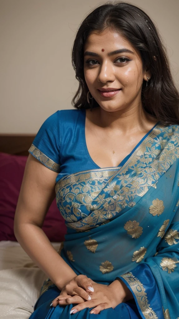 Day scene, full body photo of a plus sized  indian woman wearing blue colour saree, smiling face, face, top view, (Masterpiece, Best Quality, High Resolution), bedroom Background, (cum Splash on her face , cum Splash on her face and breasts, Splash of cum on face, cum Splash on her blouse, cum Splash on her eys), hour glass body red lips, lightly makeup,ultra realistic, realistic, look at viewer (cinematic:1.3), intricate details,