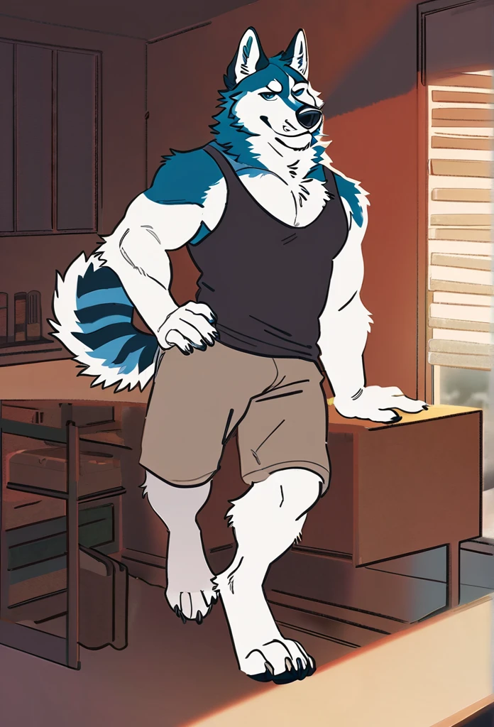solo, male, anthro (striped husky), by tritscrits, (by botch:0.7), digitigrade, digital artwork, (flat colors:1.3), striped brown husky tail, mature male, sexy, ((detailed background)), athletic, white fur, looking at camera,