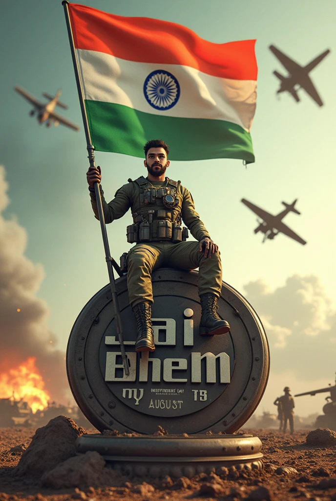 (photorealism:1.2), beautiful man, sitting on 3D name 'JAI BHEEM' latter, 3D name is 110% big in size'JAI BHEEM' colour in like a Indian Flag, Full image of 3D name,wearing like a Indian soulder with proper gadgets like a futuristic gune , Indian soldier holding Indian flag in his hand,background like a seen of world war, in the background 3 air craft and its foog colour like Indian flag, below it is written Happy Independence Day and above it 15th August is written in big CG.
