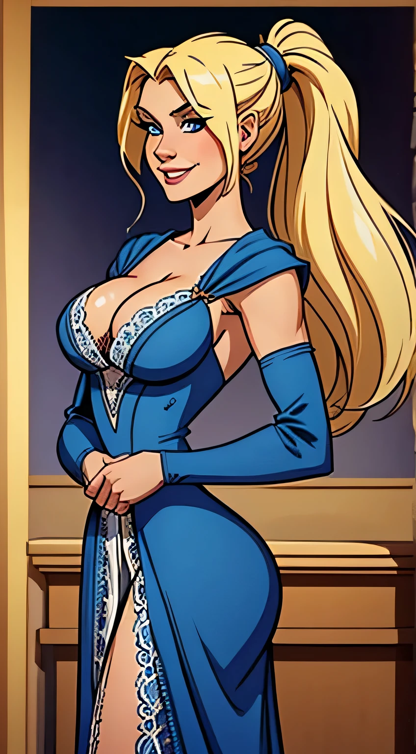Thin woman, beautiful smiling, medieval dress with v-neck (lacy), skin fair, long blonde hair with ponytail, blue colored eyes, busty, arms back of the body. comic style.