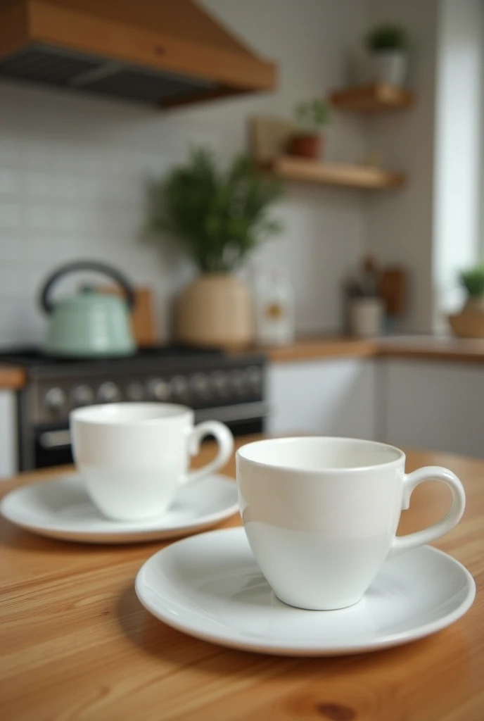 a table with two plates of the same size and shape (congruent) and two cups of different sizes but the same shape (similar). kitchen background
