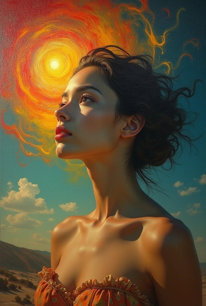 I am the last surrealist painting that exists on this planet, the last work of art that represents a beautiful woman full of hope wrapped in an unreal world., The message I want to leave is that art once existed , real very real , 24k unique piece rule of thirds cinema lighting finishes like photoshop and colors of a work of art great depth of field difference of 3d planes