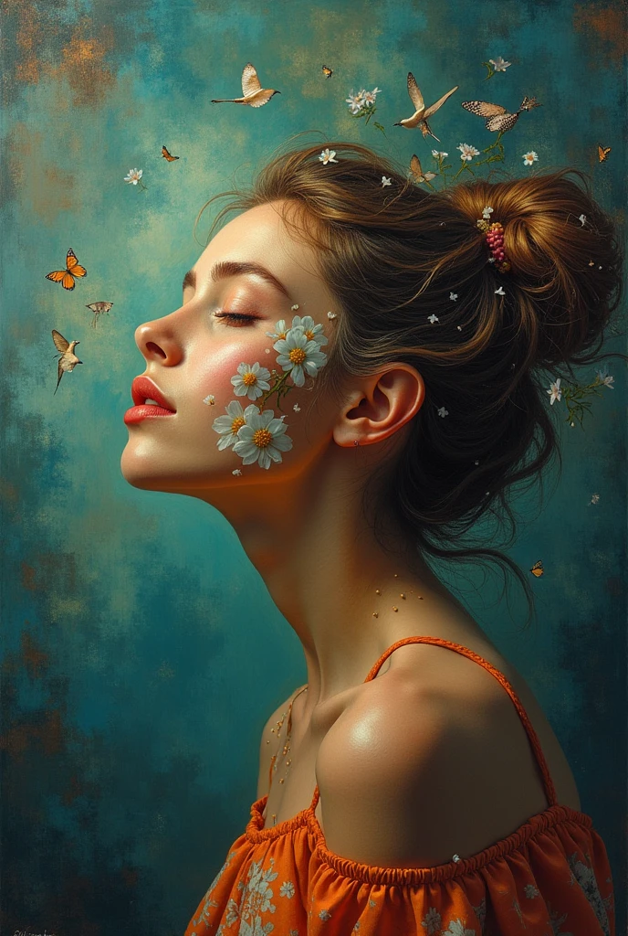 I am the last surrealist painting that exists on this planet, the last work of art that represents a beautiful woman full of hope wrapped in an unreal world., The message I want to leave is that art once existed , real very real , 24k unique piece rule of thirds cinema lighting finishes like photoshop and colors of a work of art great depth of field difference of 3d planes