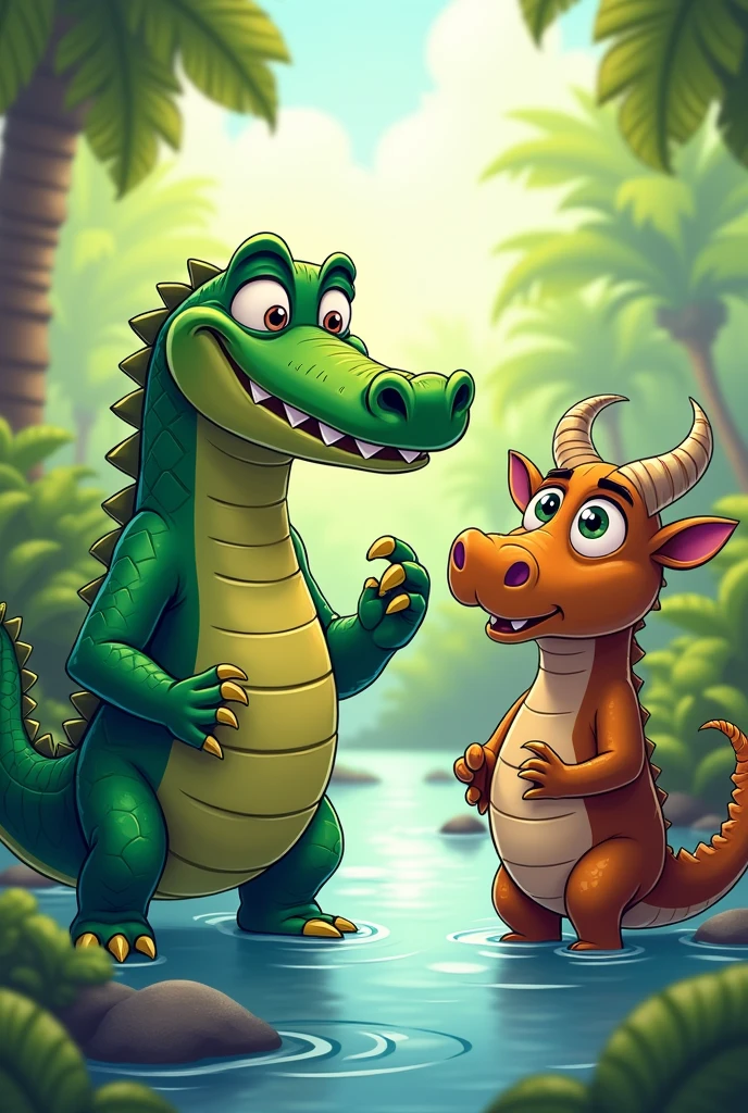 i want to draw you a.i a Arrogant Crocodile and a Kind Carabao in a cartoon style