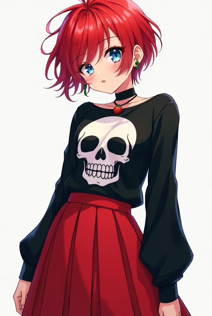 Make me a 17 year old boy,white with medium red hair,blue eyes is black,with a strawberry earring ,a nose piercing with a collar necklace a red flared skirt is a long black blouse with a skull on the front in anime style