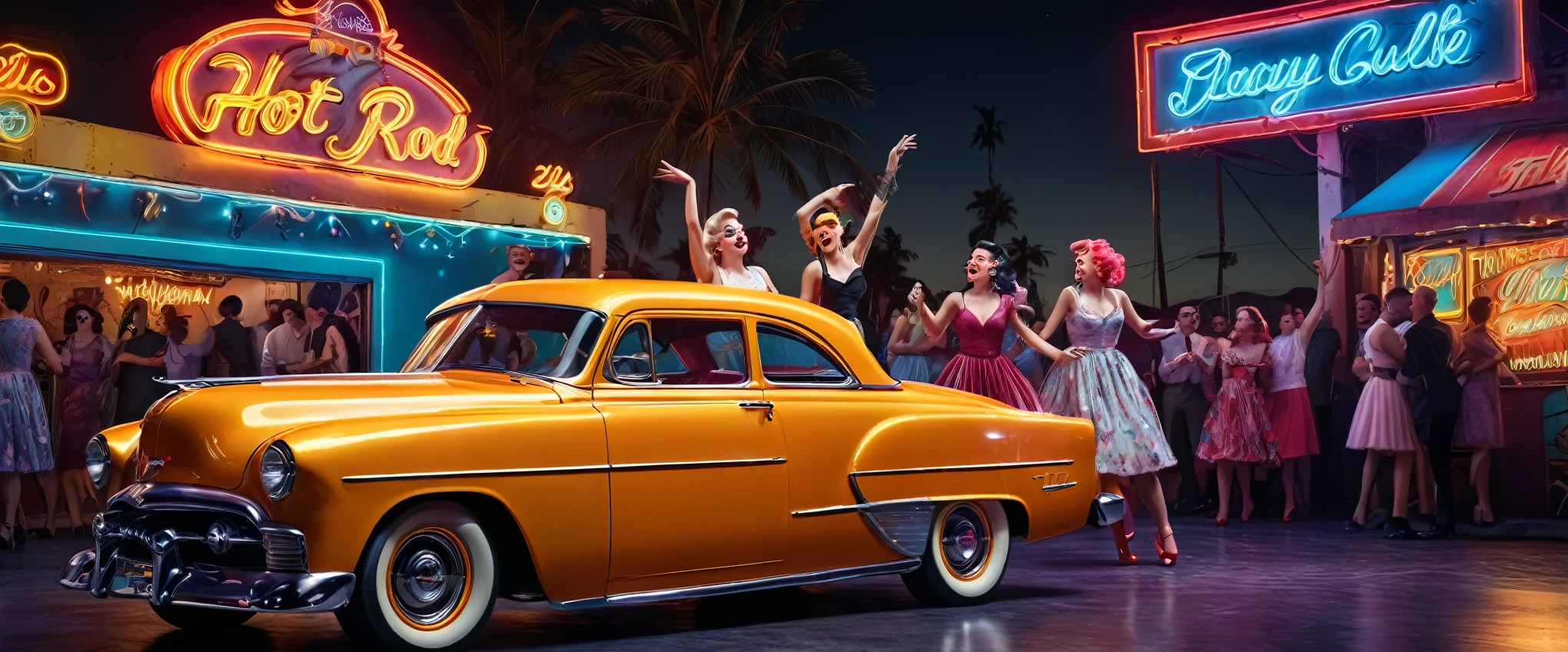 A high energy rock n' roll scene, 1950s style hot rod car, neon lights, beautiful women in vintage dresses dancing, ultra-detailed, photorealistic, vibrant colors, dramatic lighting, dynamic composition, (best quality,8k,highres,masterpiece:1.2),ultra-detailed,(realistic,photorealistic,photo-realistic:1.37),hyperrealistic, cinematic