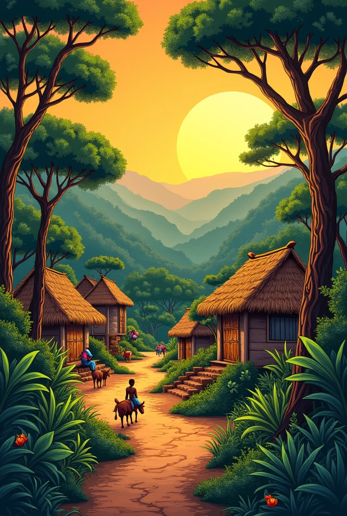 Je veux une image d'un village africain dans la forêt avec le soleil levant en dessin