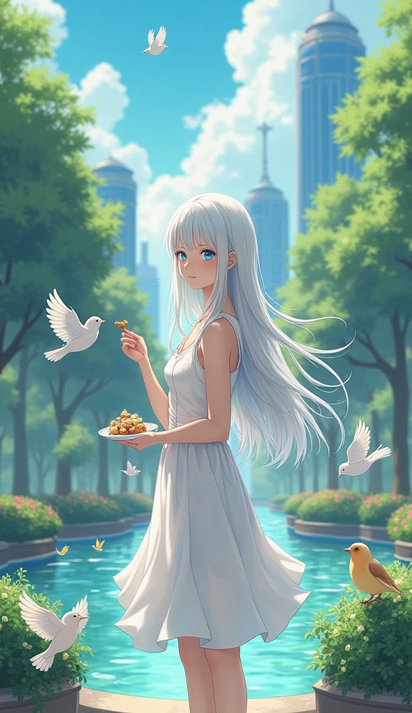 a woman wearing a white dress, light blue eyes, long white hair feeding birds around a fountain in the city center, anime