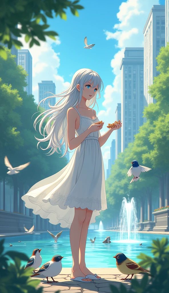 a woman wearing a white dress, light blue eyes, long white hair feeding birds around a fountain in the city center, anime