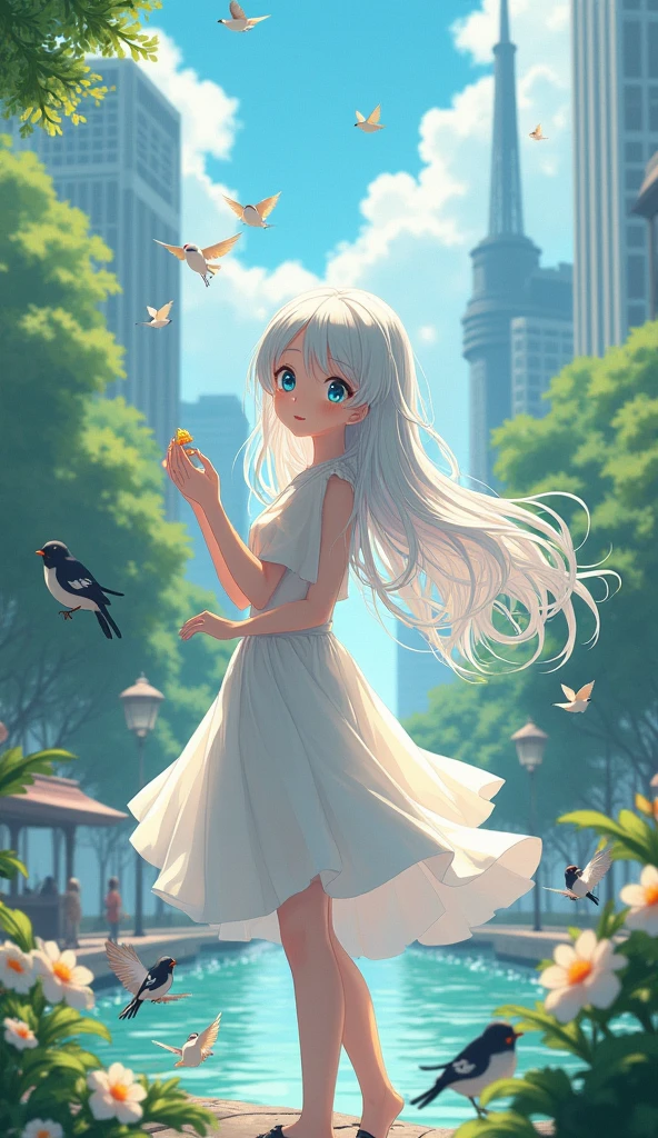 a woman wearing a white dress, light blue eyes, long white hair feeding birds around a fountain in the city center, anime
