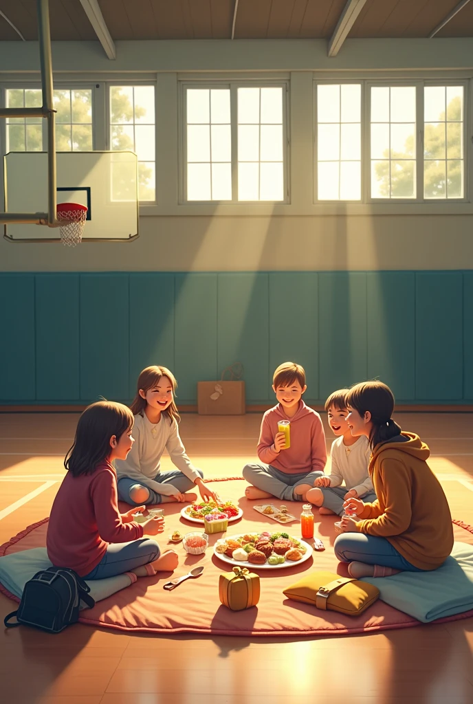 Describe the atmosphere in the school gym after Lila and her friends set up the picnic.