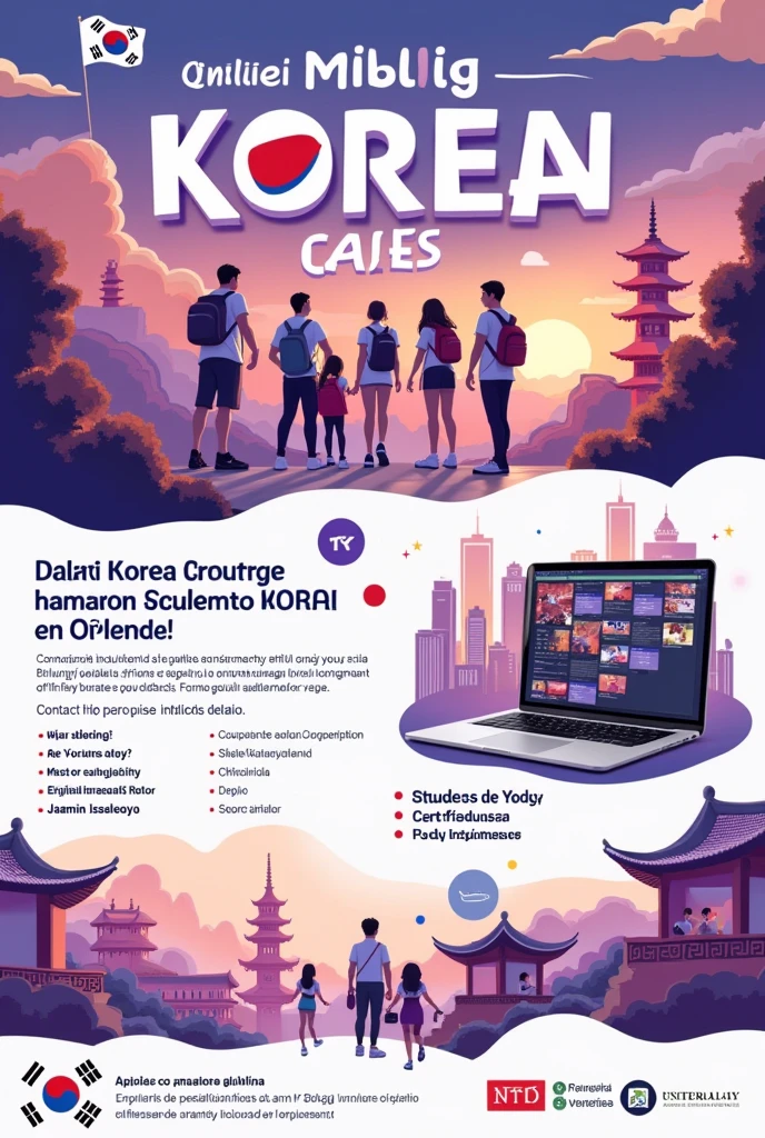 Create an image that promotes Korean language classes taught in Spanish(core and peru)
Little text please Considering that the classes are online I want a little of the culture to be shown,kpop,etc.
what is the phrase “fighting”! " "are you okay?""재미있어요" and also that it has the presence of the color purple in the advertising That says "with experience since 2021" or else "With references and certification" That the contact is on Instagram @all_nigth214 and the number 956302645
