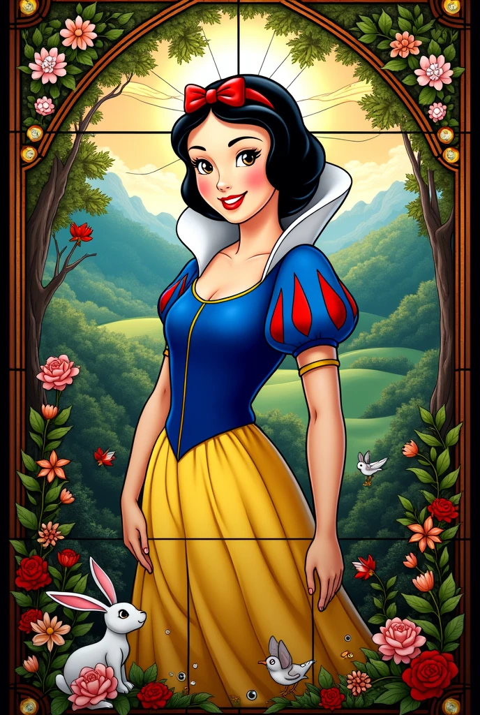 Stained glass window in the form of princess SnowWhite from Disney