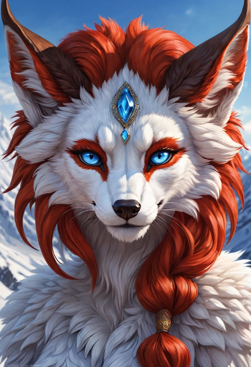 Anthropomorphic kitsune-satyr dutchess. red fur. Crystal blue eyes. wise face. wizened. long detailed fingers. Official Art – An Award-Winning Digital Masterpiece In 4K Ultra HD, Extreme Detail And Intricate Realism. Symmetrical Face. This bright and colorful Concept Art Brought To Life By The Hands Of Artists Like Wlop & Artgerm In A Stunning 2D Vector Illustration. Background Is A Panoramic Vista.