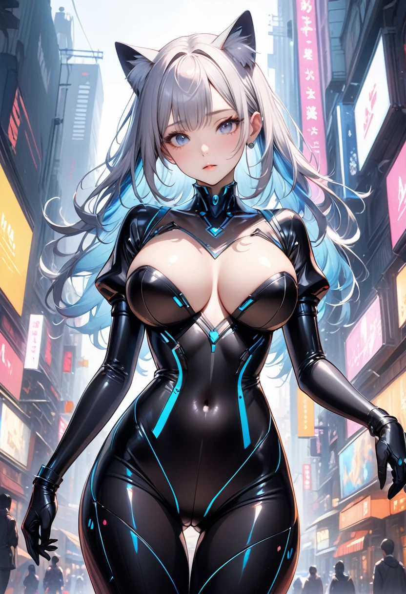 ((masterpiece))、((最high quality))、high quality、High resolution、High resolution、Attention to detail、Lens flare、Ray Tracing、Side light、high qualityなshadow、high quality-texture、Detailed Texture、Beautiful details、Full Figure、whole body、(Beautiful and delicate face down to the last detail、Beautiful and delicate eyes、Perfect facial balance、Detailed skin、charm、Realistic and colorful)、((Slender beauty)) 、(Exquisite detail makeup、Pure Eros Face)、Mesh Hair Color、Beautiful Bangs、Detailed chest、Large upward-facing breasts、Beautiful legs、Detailed expression down to the fingertips、Raise your arms、1 female、Cat ear、Glass Machine Suit、Maid Suit、Cyber Suit、Cyberpunk City, ai-generated,, ((medium firm swaying bust)),, (camel toe:0.7), (visible nipples:0.5), (Erect nipples,:0.7),